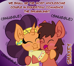 Size: 866x768 | Tagged: safe, artist:snakeythingy, character:saffron masala, oc, oc:sketchy dupe, species:pony, blushing, canon x oc, cuddling, dialogue, dupala, hug, sketchffron, snuggling, story included