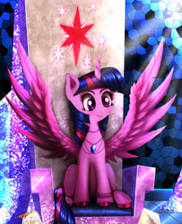 Size: 5200x6400 | Tagged: safe, artist:darksly, character:twilight sparkle, character:twilight sparkle (alicorn), species:alicorn, species:pony, absurd resolution, blushing, bracelet, cute, ear fluff, female, fluffy, friendship throne, gem, horseshoes, jewelry, mare, necklace, open mouth, smiling, solo, spread wings, throne, twiabetes, wing fluff, wings