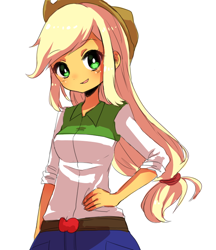 Size: 640x740 | Tagged: safe, artist:weiliy, character:applejack, species:human, my little pony:equestria girls, anime, applejack's hat, belt, blushing, clothing, cowboy hat, cute, denim, denim skirt, female, freckles, hair tie, hand on hip, hat, looking at you, moe, open mouth, pixiv, ponytail, pose, rolled up sleeves, simple background, skirt, smiling, solo, stetson, white background