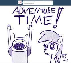 Size: 1280x1126 | Tagged: safe, artist:datahmedz, character:sunshower raindrops, species:pony, adventure time, ask, crossover, finn the human, monochrome, raindropsanswers, tumblr, what the hay?