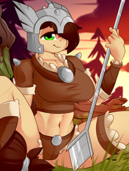 Size: 1500x2000 | Tagged: safe, artist:amberpendant, species:anthro, species:earth pony, species:pony, abs, belly button, dawn, female, forest, hair, helmet, looking at you, midriff, scar, solo, spear, steela oresdotter, tail, weapon