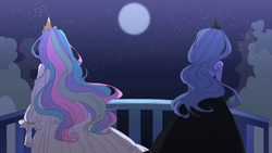 Size: 1280x720 | Tagged: safe, artist:weiliy, character:princess celestia, character:princess luna, species:human, bare shoulders, clothing, cloud, crown, dress, duo, female, humanized, jewelry, moon, night, regalia, royal sisters, sky, stars