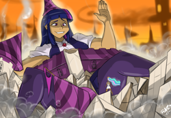 Size: 1840x1273 | Tagged: safe, artist:shonuff44, character:princess celestia, character:twilight sparkle, species:human, canterlot, clothing, destroyed building, destruction, embarrassed, female, giantess, growth, humanized, macro, solo focus, story in the source, story included