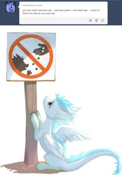 Size: 700x1007 | Tagged: safe, artist:tomatocoup, oc, oc only, oc:patch, species:dracony, species:dragon, species:pony, ask, barely pony related, feathered dragon, fluffy, fluffy dragon, hybrid, sad, sign, solo, tumblr