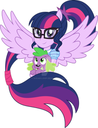 Size: 1024x1342 | Tagged: safe, artist:sugar-loop, character:spike, character:spike (dog), character:twilight sparkle, character:twilight sparkle (scitwi), species:dog, species:eqg human, g4, my little pony: equestria girls, my little pony:equestria girls, clothing, deviantart watermark, female, obtrusive watermark, ponied up, ponytail, scitwilicorn, simple background, transparent background, watermark