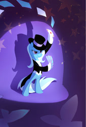 Size: 441x650 | Tagged: safe, artist:tomatocoup, character:trixie, species:pony, species:unicorn, ace of diamonds, bipedal, clothing, female, hat, hoof hold, hooves, mare, playing card, raised hoof, raised leg, smiling, stage, top hat, tuxedo, wip