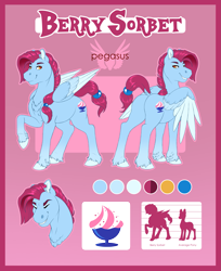 Size: 2481x3047 | Tagged: safe, artist:silkensaddle, oc, oc only, oc:berry sorbet, species:pegasus, species:pony, chest fluff, cutie mark, hooves, male, raised hoof, raised leg, reference, reference sheet, size chart, size comparison, solo, stallion, unshorn fetlocks