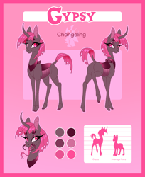 Size: 2481x3047 | Tagged: safe, artist:silkensaddle, oc, oc only, oc:gypsy, species:changeling, changeling oc, curved horn, dock, forked tongue, horn, mandibles, pink changeling, reference, reference sheet, size chart, size comparison, solo, tongue out