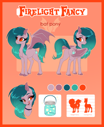 Size: 2481x3047 | Tagged: safe, artist:silkensaddle, oc, oc only, oc:firelight fancy, species:bat pony, species:pony, bat pony oc, chest fluff, cutie mark, dock, female, hooves, licking, licking lips, mare, reference, reference sheet, size chart, size comparison, solo, tongue out