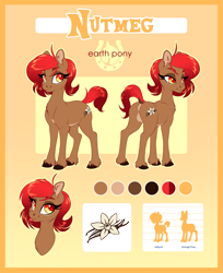 Size: 2481x3047 | Tagged: safe, artist:silkensaddle, oc, oc only, oc:nutmeg, species:earth pony, species:pony, cutie mark, dock, female, hooves, mare, reference, reference sheet, size chart, size comparison, solo, tongue out