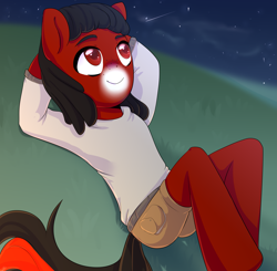Size: 2549x2500 | Tagged: safe, artist:tigra0118, oc, oc only, oc:florid, species:pony, chibi, looking at something, night, red and black oc, semi-anthro, solo, stars