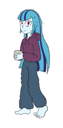 Size: 475x957 | Tagged: safe, artist:scraggleman, character:sonata dusk, equestria girls:rainbow rocks, g4, my little pony: equestria girls, my little pony:equestria girls, alternate hairstyle, bags under eyes, barefoot, clothing, feet, female, food, hoodie, neet, noodles, pants, ramen, simple background, solo, sweatpants, transparent background