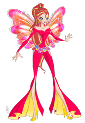 Size: 2480x3600 | Tagged: safe, artist:ilaria122, character:sunset shimmer, species:human, alternate hairstyle, barely eqg related, clothing, crossover, ear piercing, earring, fairy, fairy wings, fairyized, flower, high heels, humanized, jewelry, onyrix, piercing, ponytail, rainbow s.r.l, shoes, simple background, style emulation, transparent background, winged humanization, wings, winx club, winxified, world of winx