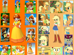 Size: 1500x1125 | Tagged: safe, artist:daniotheman, artist:sugar-loop, character:applejack, species:earth pony, species:human, species:pony, episode:fall weather friends, equestria girls:equestria girls, equestria girls:friendship games, equestria girls:legend of everfree, g4, my little pony: equestria girls, my little pony: friendship is magic, my little pony:equestria girls, camp everfree outfits, clothing, crossover, fall formal outfits, hasbro, hasbro studios, helping twilight win the crown, legs, mario golf, mario golf toadstool tour, mario golf world tour, mario party, mario party 4, mario super sluggers, nintendo, ponied up, princess daisy, super mario bros., super smash bros., super smash bros. brawl, wondercolt ears, wondercolts, wondercolts uniform