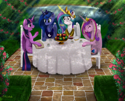 Size: 7680x6240 | Tagged: safe, artist:darksly, character:princess cadance, character:princess celestia, character:princess luna, character:twilight sparkle, character:twilight sparkle (alicorn), species:alicorn, species:pony, absurd resolution, alicorn tetrarchy, bush, cake, chair, cup, dessert, eyes closed, food, giggling, levitation, magic, open mouth, plate, pond, sitting, table, telekinesis, true love princesses, water