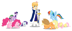 Size: 4860x2104 | Tagged: safe, artist:trungtranhaitrung, character:applejack, character:fluttershy, character:pinkie pie, character:rainbow dash, character:rarity, character:spike, character:twilight sparkle, character:twilight sparkle (alicorn), species:alicorn, species:pony, episode:the cutie re-mark, artoria pendragon, big crown thingy, bowing, crossover, crown, element of magic, excalibur, fate/stay night, jewelry, king arthur, mane seven, mane six, regalia, saber, simple background, sword, transparent background, weapon