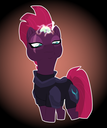 Size: 7500x9000 | Tagged: safe, artist:chedx, character:fizzlepop berrytwist, character:tempest shadow, species:pony, species:unicorn, my little pony: the movie (2017), absurd resolution, armor, broken horn, eye scar, female, glowing horn, gradient background, horn, lightning, looking at you, looking down, looking down at you, magic, mare, scar, smug, solo, sparking horn, superior