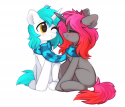 Size: 2100x1800 | Tagged: safe, artist:mirtash, rcf community, oc, species:pony, species:unicorn, clothing, commission, female, horns are touching, lesbian, looking at each other, mare, one eye closed, scarf, shared clothing, shared scarf, shipping