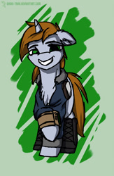 Size: 1280x1963 | Tagged: safe, artist:shido-tara, oc, oc only, oc:littlepip, species:pony, species:unicorn, fallout equestria, abstract background, fallout, fanfic, fanfic art, female, floppy ears, grin, hooves, horn, looking at you, mare, pipbuck, raised hoof, smiling, solo