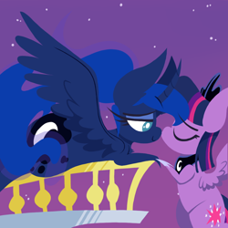 Size: 1000x1000 | Tagged: safe, artist:dragonpone, derpibooru original, character:princess luna, character:twilight sparkle, character:twilight sparkle (alicorn), species:alicorn, species:pony, ship:twiluna, balcony, clothes swap, eyes closed, female, flying, holding hooves, jewelry, lesbian, lidded eyes, mare, night, night sky, nose kiss, prone, regalia, shipping, sky, smiling, spread wings, stars, wings