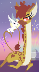 Size: 700x1300 | Tagged: safe, artist:dragonpone, derpibooru original, character:angel bunny, character:clementine, species:rabbit, angina, blush sticker, blushing, boop, eyes closed, female, fireworks, full moon, giraffe, interspecies, lidded eyes, lineless, male, moon, noseboop, prone, shipping, smiling, stars, straight, twilight (astronomy), water fountain