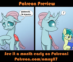 Size: 540x461 | Tagged: safe, artist:omny87, character:ocellus, character:sandbar, advertisement, comic, hungry, misleading, patreon, reading, stomach noise