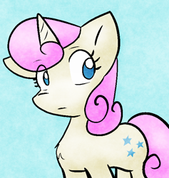 Size: 592x624 | Tagged: safe, artist:zutcha, character:twinkleshine, species:pony, species:unicorn, adorableshine, blue background, chest fluff, cute, eye clipping through hair, female, mare, no pupils, simple background, solo