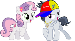 Size: 1340x727 | Tagged: safe, artist:jawsandgumballfan24, character:rumble, character:sweetie belle, species:pegasus, species:pony, species:unicorn, ship:rumbelle, bling, clothing, colt, female, filly, flower, flower in hair, foal, gold chains, hat, male, nike, shipping, simple background, straight, supreme, transparent background, vector