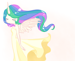 Size: 700x575 | Tagged: safe, artist:laceymod, character:princess celestia, species:human, ambiguous facial structure, clothing, cute, cutelestia, dress, eyes closed, female, horned humanization, humanized, no mouth, no nose, solo, winged humanization, wings