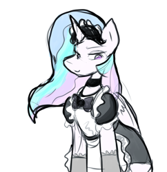 Size: 909x940 | Tagged: safe, artist:zutcha, character:princess celestia, species:alicorn, species:pony, clothing, colored pupils, cute, dress, female, maid, maid headdress, mare, sitting, solo
