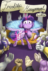 Size: 1080x1584 | Tagged: safe, artist:firefanatic, character:twilight sparkle, character:twilight sparkle (alicorn), species:alicorn, species:human, species:pony, comic:friendship management, book, castle, clothing, comic, comic cover, fluffy, glowing cutie mark, map, nervous, offscreen character, robe, table, throne, what is hoo-man