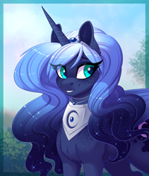 Size: 1624x1920 | Tagged: safe, artist:silkensaddle, derpibooru original, character:princess luna, species:alicorn, species:pony, bust, chest fluff, cute, ear fluff, ethereal mane, eye clipping through hair, female, freckles, galaxy mane, gradient hair, looking away, lunabetes, mare, peytral, portrait, redesign, shoulder freckles, smiling, solo