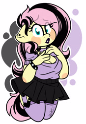 Size: 2047x2930 | Tagged: safe, artist:befishproductions, character:fluttershy, species:anthro, breasts, choker, cleavage, clothing, emoshy, female, garters, high res, lipstick, miniskirt, pleated skirt, skirt, solo, spiked wristband, stockings, thigh highs, wristband