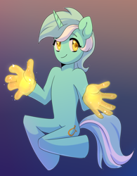 Size: 1386x1773 | Tagged: safe, artist:tigra0118, character:lyra heartstrings, species:pony, species:unicorn, anatomically incorrect, background pony, chibi, female, hand, incorrect leg anatomy, looking at you, magic, magic hands, mare, semi-anthro, solo, that pony sure does love hands