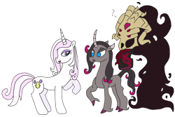 Size: 3030x2028 | Tagged: safe, artist:supahdonarudo, community related, character:fhtng th§ ¿nsp§kbl, character:fleur-de-lis, character:oleander, species:classical unicorn, species:pony, species:unicorn, them's fightin' herds, cloven hooves, curved horn, horn, leonine tail, question mark, raised hoof, simple background, transparent background, unicornomicon, unshorn fetlocks