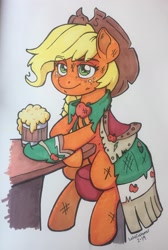 Size: 1604x2389 | Tagged: safe, artist:latecustomer, character:applejack, species:earth pony, species:pony, cider, clothing, commission, cowboy hat, dress, female, freckles, gala dress, hat, mare, marker drawing, scuff mark, simple background, sitting, solo, stetson, stool, table, tankard, traditional art, white background