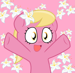 Size: 2033x2000 | Tagged: safe, artist:chainchomp2, base used, character:lily, character:lily valley, species:earth pony, species:pony, cute, cutie mark background, female, flower, lily (flower), lilybetes, mare, nya, open mouth, paffendorf, pink background, simple background, solo