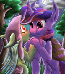 Size: 1584x1800 | Tagged: safe, artist:firefanatic, character:flutterbat, character:fluttershy, character:twilight sparkle, species:bat pony, species:mothpony, antennae, bat ponified, big ears, chest fluff, cloud, cute, digital art, digital painting, fluffy, forest, glowing eyes, messy mane, moon, original species, race swap, shocked, shyabetes, smiling, stars, story included, tree, twiabetes