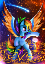 Size: 4250x6000 | Tagged: safe, artist:darksly, character:rainbow dash, species:pegasus, species:pony, absurd resolution, alternate hairstyle, colored wings, cutie mark, element of loyalty, female, magic, magic circle, mare, smiling, solo, spread wings, stars, two toned wings, wings