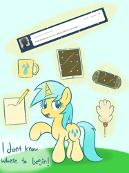 Size: 1280x1707 | Tagged: safe, artist:datahmedz, character:sunshower raindrops, species:pony, species:unicorn, ask, duster, female, letter, magic, pencil, playstation portable, race swap, raindropsanswers, solo, tumblr