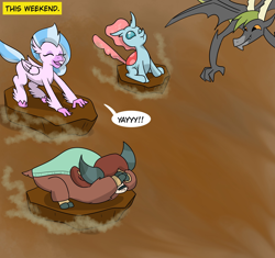 Size: 1952x1833 | Tagged: safe, artist:chedx, character:ocellus, character:silverstream, character:yona, species:changeling, species:classical hippogriff, species:dragon, species:hippogriff, species:reformed changeling, species:yak, comic:the weekend wager, comic, commission, cropped, dragon lands, excited, female, gorge surfing, male, scared, shot