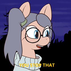 Size: 1000x1000 | Tagged: safe, artist:scraggleman, oc, oc:taku, species:earth pony, species:pony, braces, caption, clothing, glasses, image macro, meme, scooby doo, solo, sweater, text, you stop that