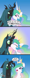 Size: 800x2035 | Tagged: safe, artist:omny87, character:princess celestia, character:queen chrysalis, species:alicorn, species:changeling, species:pony, ship:chryslestia, blushing, changeling queen, comic, crown, cute, cutealis, dialogue, eyes closed, female, floppy ears, floppy horn, hornboner, jewelry, kissing, lesbian, lidded eyes, limp horn, mare, open mouth, regalia, shipping, speech bubble, wide eyes