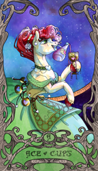 Size: 2088x3619 | Tagged: safe, artist:sourcherry, oc, species:crystal pony, species:pony, clothing, crystal pony oc, cup, dress, female, heart, jewelry, mane, mare, overflowing, potion, potions, solo, tarot, tarot card