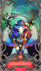 Size: 2088x3619 | Tagged: safe, artist:sourcherry, oc, species:pegasus, species:pony, clothing, dress, moon, scythe, solo, staff, tarot, tarot card, two toned mane, wings