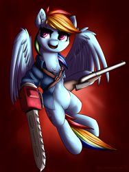 Size: 1800x2400 | Tagged: safe, artist:shido-tara, character:rainbow dash, species:pegasus, species:pony, ash williams, chainsaw, crossover, evil dead, female, gun, mare, open mouth, red background, simple background, solo, spread wings, weapon, wings