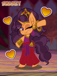 Size: 768x1028 | Tagged: safe, artist:snakeythingy, character:saffron masala, clothes swap, crossover, dancing, disney, esmeralda, heart, hunchback of notre dame, looking at you, one eye closed, wink