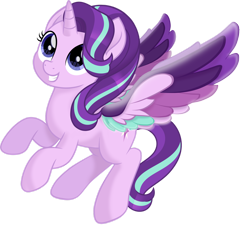 Size: 1600x1535 | Tagged: safe, artist:n0kkun, character:starlight glimmer, species:alicorn, species:pony, friendship is magic: rainbow roadtrip, g4, my little pony: friendship is magic, alicornified, colored wings, commission, female, flying, happy, looking up, mare, movie, movie accurate, multicolored wings, race swap, rainbow wings, simple background, smiling, solo, spread wings, starlicorn, transparent background, vector, wing bling, wings, xk-class end-of-the-world scenario