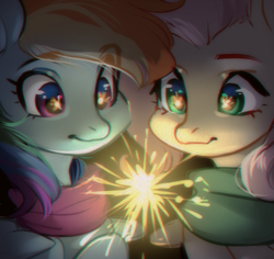 Size: 1163x1098 | Tagged: safe, artist:aphphphphp, character:fluttershy, character:rainbow dash, species:pegasus, species:pony, clothing, duo, eye reflection, female, fireworks, looking at something, mare, reflection, scarf, sparkler