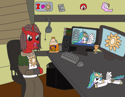 Size: 3293x2550 | Tagged: safe, artist:supahdonarudo, character:princess celestia, oc, oc:ironyoshi, species:pony, chair, clothing, clown, computer, computer mouse, computer screen, cosplay, costume, cup, dark souls, juice, keyboard, lamp, orange juice, plot, plushie, sitting, solaire of astora, speakers, sunny d, table